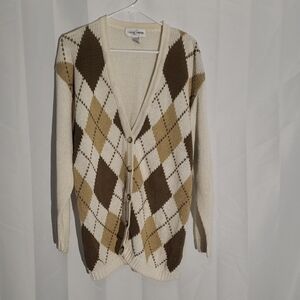Vintage Casual Corner Argyle Cardigan Lagenlook Ramie Cotton Oversized Medium